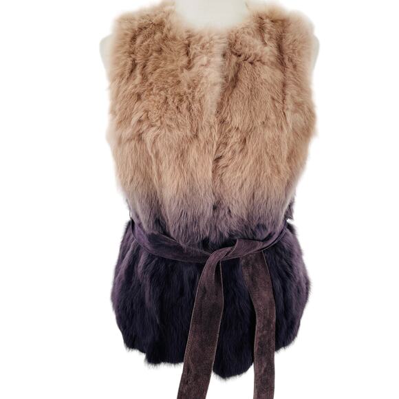 Anthro Love Token Purple Pink Ombre Genuine Rabbit Fur Lined Ribbon Belt Vest S - Picture 2 of 12